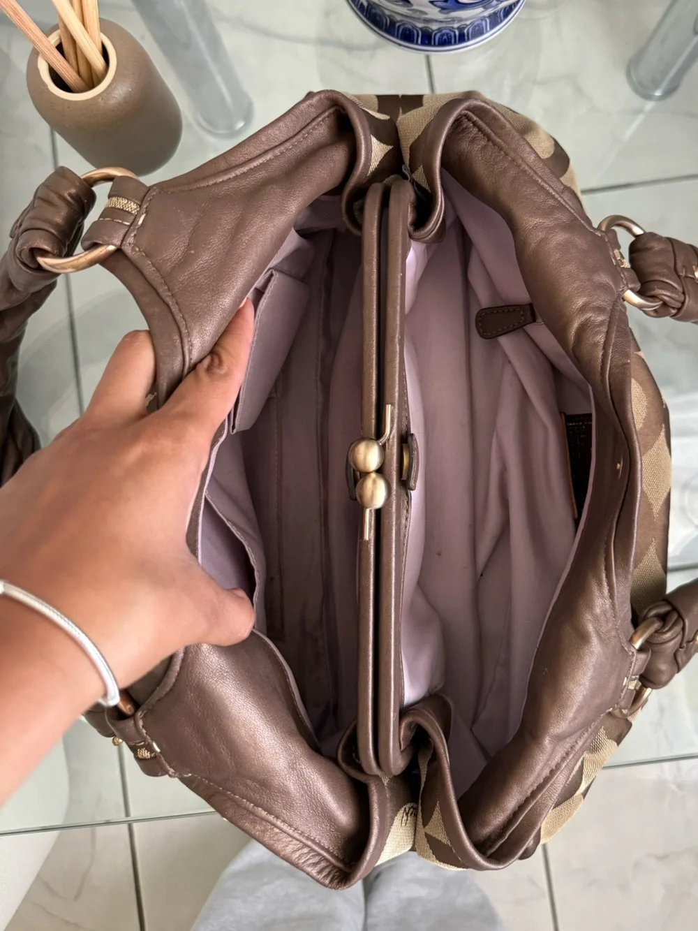 Coach Brown Signature Canvas Kiss Lock Satchel Bag